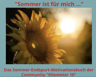 Eine Sonnenblume dreht sich zur Sonne; Titel des Buchs: Sommerbuch der RUmeK-Community
