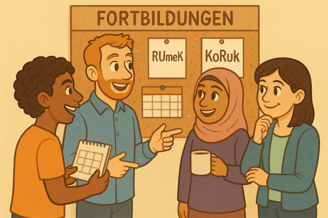 Lehrerinnen stehen vor einer Pinnwand und sprechen über Fortbildung