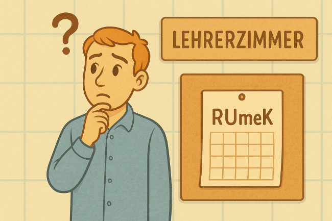 Ein Lehrer steht zweifelnd vor dem Begriff RUmeK 