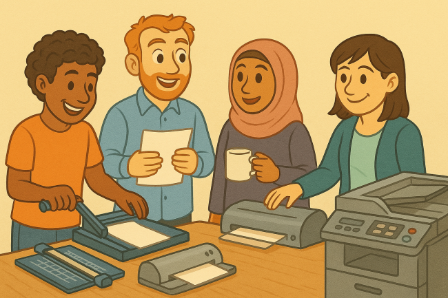 Lehrerinnen stehen am Kopiergerät und laminieren Unterrichtsmaterial